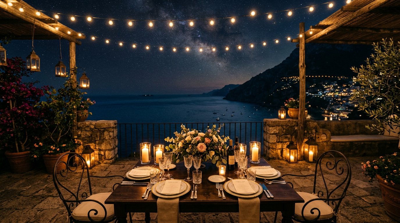 Terraza iluminada con velas bajo un cielo estrellado